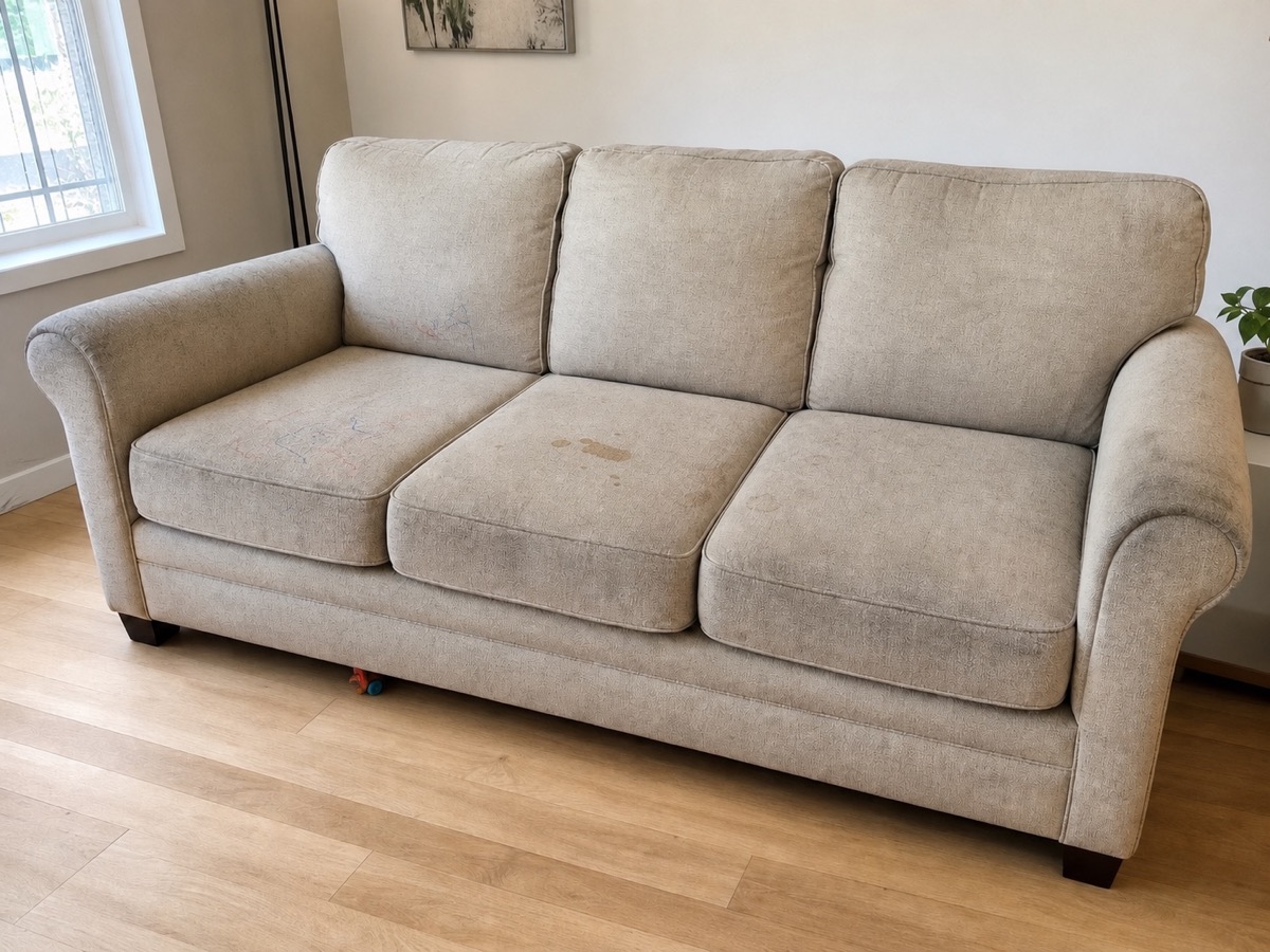 Representative family room sofa before restoration assessment
