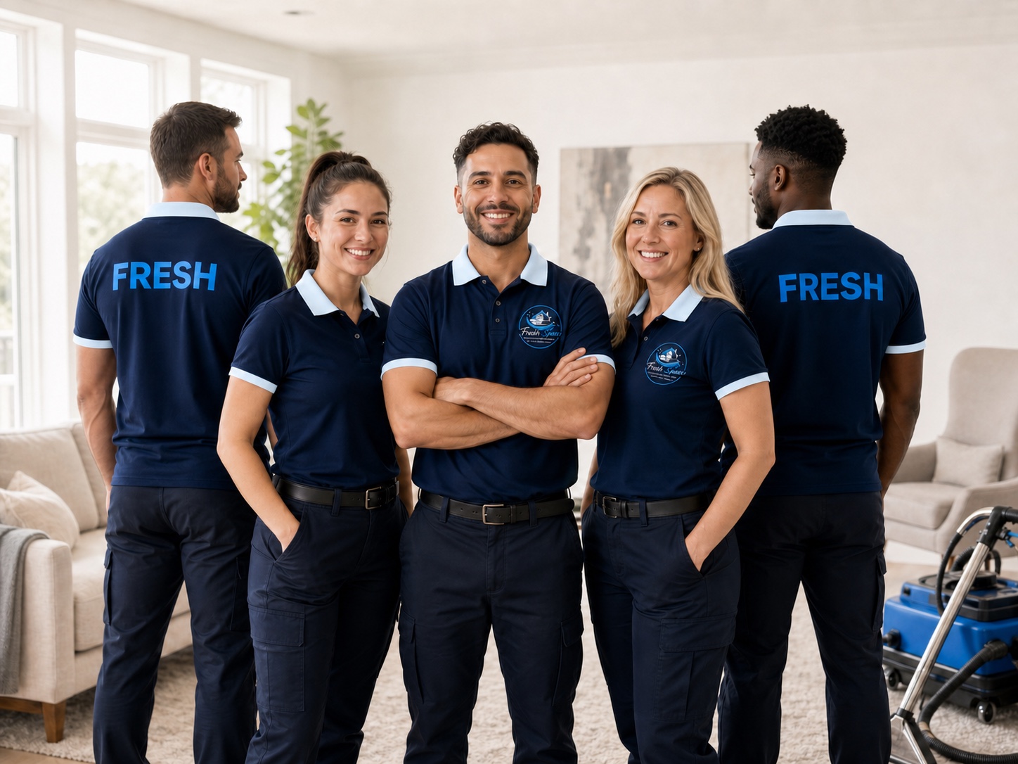 Uniform concept showing a restoration team in navy and pale blue Fresh Space clothing