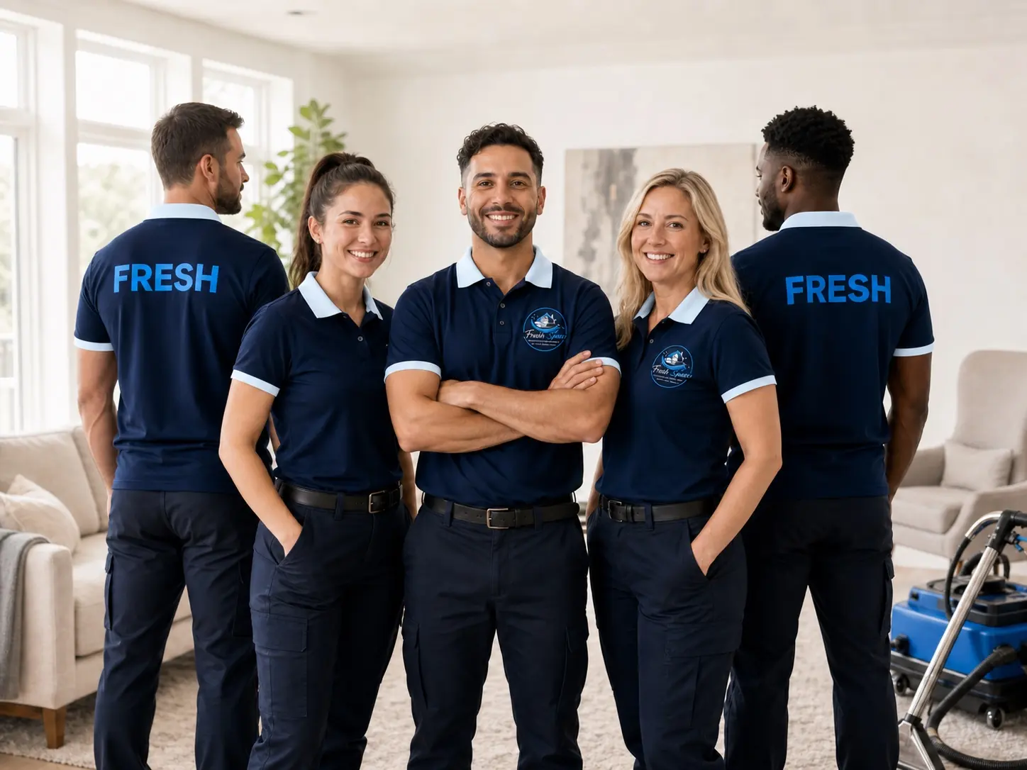 Concept image of Fresh Space Restoration team uniforms in navy and pale blue
